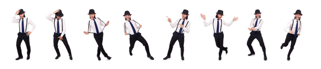 Man wearing hat and suspenders isolated on white