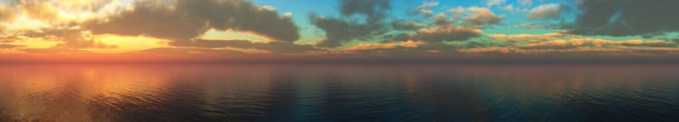 Obraz premium beautiful panorama of the sea sunset, the sun among the clouds above the ocean surface,