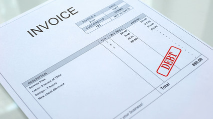 Debt seal stamped on invoice document, business payment, loans and credits