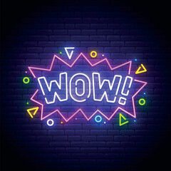 Wow neon sign, bright signboard, light banner. Wow neon, emblem. Vector illustration © Vladyslav