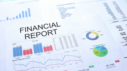 Financial report lying on table, graphs charts and diagrams, official document