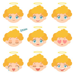 A collection of different emotions of the character. Set of angel avatars isolated on white background. Vector illustration in cartoon style.