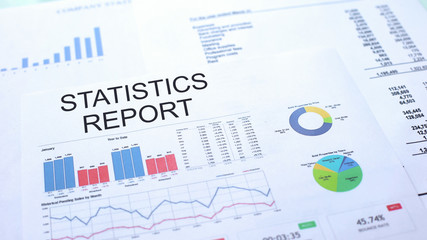 Statistics report lying on table, graphs charts and diagrams, official document