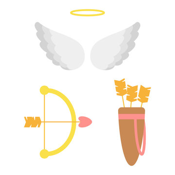 A collection of items for Cupid. Nimbus, wings, bow, arrows, quiver of arrows isolated on white background. Vector illustration in cartoon style.