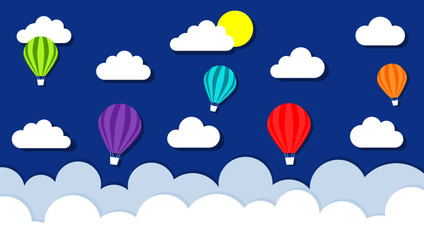 Colorful hot air balloon and sun over the cloud. paper art style. 