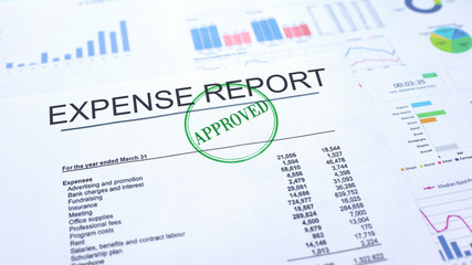 Expense report approved, hand stamping seal on official document, statistics