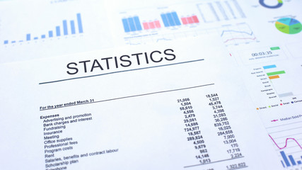 Statistics official document lying on table, graphs charts and diagrams, text
