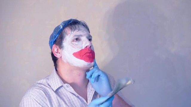 excerpt from the short speech of the funny actor men mime.actor performs with a stack of hundred dollar bills.pantomime.