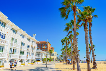 View of the beach of Santa Monica and the Pacific Ocean. Suburbs of Los Angeles.