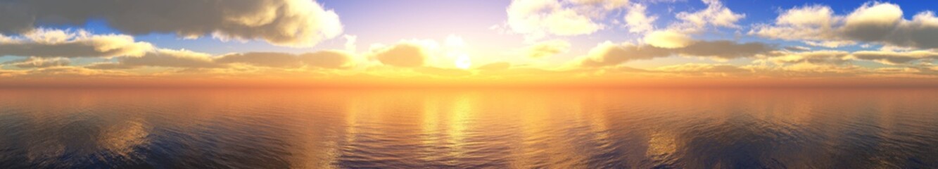 Fototapeta na wymiar beautiful panorama of the sea sunset, the sun among the clouds above the ocean surface,