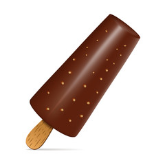 Eskimo on a stick. Ice cream in chocolate glaze. Topkink cookies and chocolate drops. Realistic 3D. Isolated on white background Vector illustration