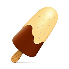 Eskimo on a stick. Ice cream ice cream white chocolate with a splash of nuts and biscuits. Realistic 3D. Isolated on white background Vector illustration
