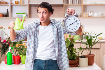 Young handsome man cultivating flowers at home