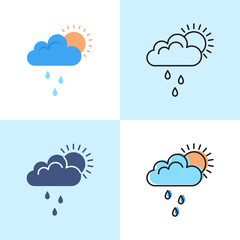 Sun behind cloud with rain icon set in flat and line styles