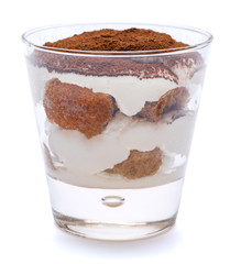 Classic tiramisu dessert in a glass isolated on a white background with clipping path
