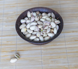 Healthy food  for background image close up pistachios nuts. Texture on top view Nuts pistachio on the cup plate