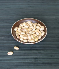 Healthy food  for background image close up pistachios nuts. Texture on top view Nuts pistachio on the cup plate