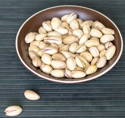 Healthy food  for background image close up pistachios nuts. Texture on top view Nuts pistachio on the cup plate