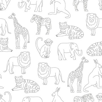Vector seamless pattern of zoo animals isolated on white background. Repeating black and white background of giraffe, tiger, elephant, lion, zebra, monkey, kangaroo. Picture of zoo for children.