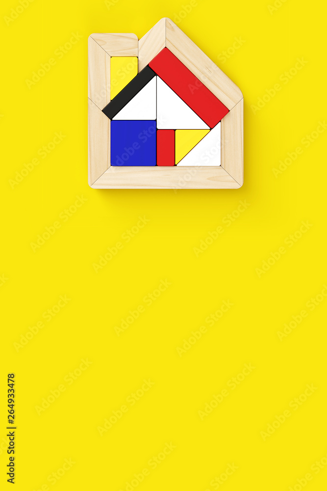 Fototapete 3d rendering illustration of house-shaped puzzle placed in the upper center of vertical format. yell