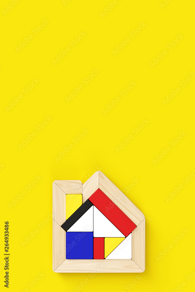 Poster 3d rendering illustration of house-shaped puzzle placed in the lower center of vertical format. yell