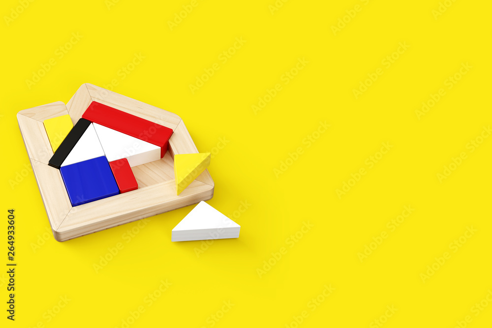 Fototapete 3d rendering illustration of house-shaped puzzle placed in the middle left of horizontal format. two