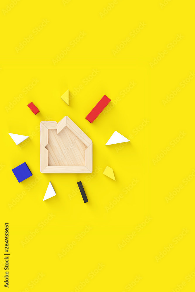 Poster 3d rendering illustration of house-shaped puzzle with all pieces removed. in the middle left of vert