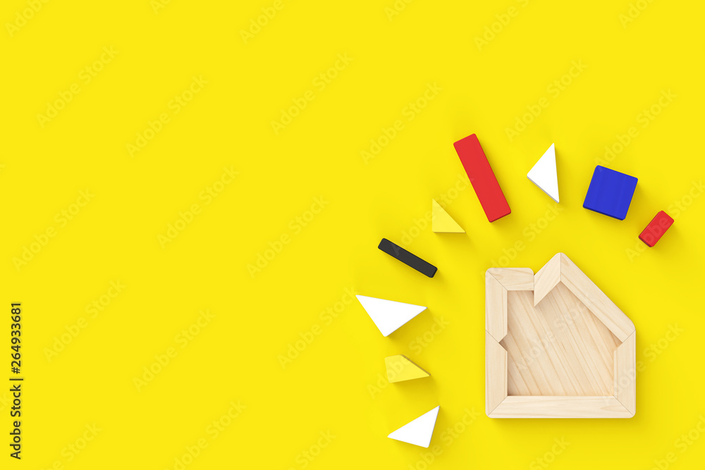Poster 3d rendering illustration of house-shaped puzzle with all pieces removed. in the lower right corner 