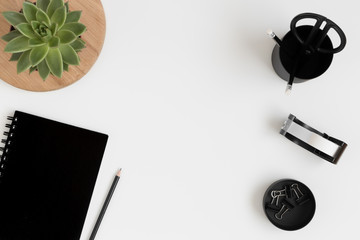 Workspace accessories and a succulent plant on a white table.  Flat lay with blank copy space.