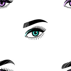 Seamless pattern with eyes, false eyelashes and eyebrows.