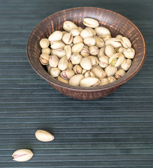 Healthy food  for background image close up pistachios nuts. Texture on top view Nuts pistachio on the cup plate