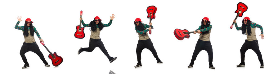 Man with guitar in musical concept on white