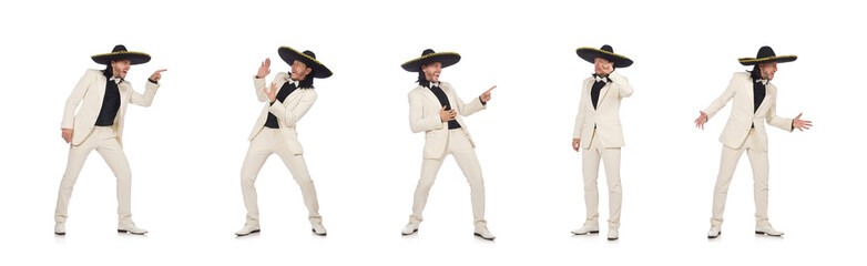 Funny mexican in suit and sombrero isolated on white