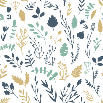 Vector Seamless Floral Pattern. Doodle, Scandi Styles.