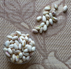 Healthy food  for background image close up pistachios nuts. Texture on top view Nuts pistachio on the cup plate