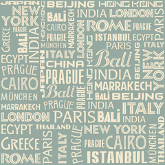 Seamless background pattern of writing different cities and countries. Vector color graphics