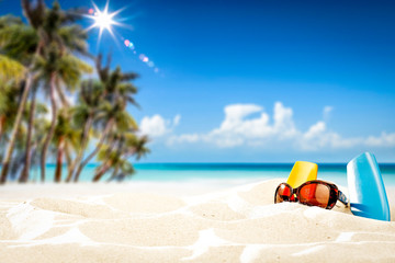 Summer sunglasses on beach and free space for your decoration. 