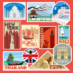 Set of travel stickers. World Capitals. Vector color graphics