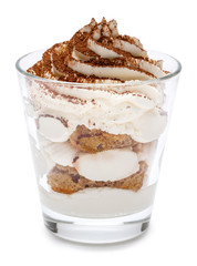 Classic tiramisu dessert in a glass isolated on a white background with clipping path