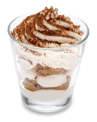 Classic tiramisu dessert in a glass isolated on a white background with clipping path