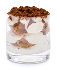 Classic tiramisu dessert in a glass isolated on a white background with clipping path