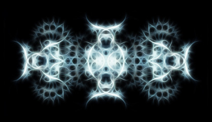 Ornamental mandala and fractal effect on black background.