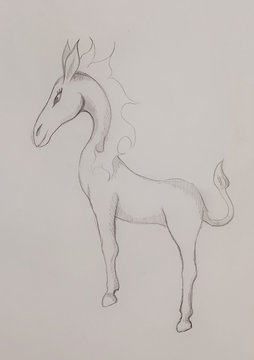 fantasy horse creature, pencil drawing on abstract background