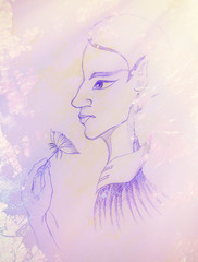 Mystic woman with flower. pencil drawing on paper.