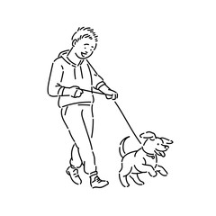 Boy walking dog puppy on leash. Promenade with pet line art style character vector black white isolated illustration.