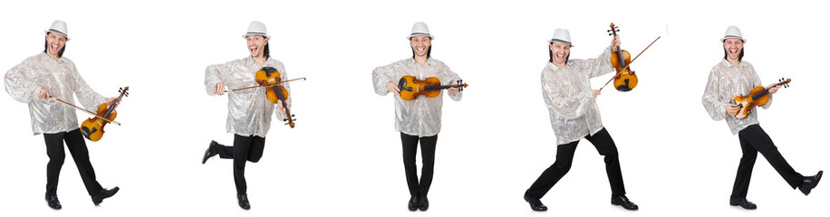 Young man playing violin isolated on white 