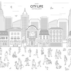 Walking urban crowd on street and building in city seamless pattern. Children and adults in various situations line art style vector black white illustration background.