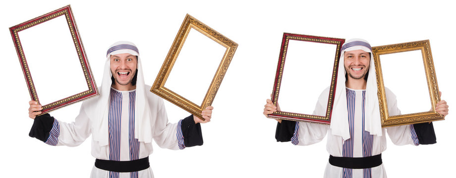 Arab man with picture frame isolated on white