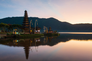 Reflection of The Pura Ulun Danu Bratan Temple during sunrise