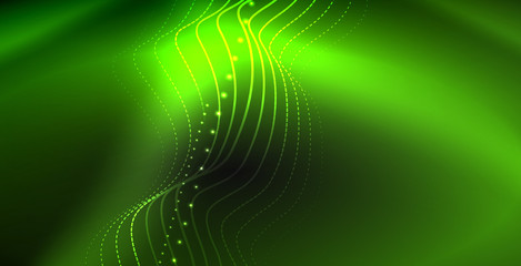 Glowing abstract wave on dark, shiny motion, magic space light. Techno abstract background